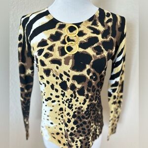 Fitted Knit Top Animal Print Long Sleeves Embellished Top Body Con Knit Top